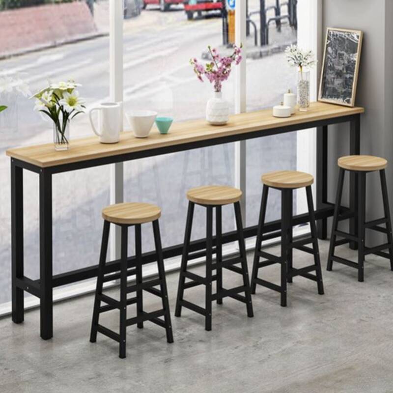 Classic Engineered Wood Pub Table with Trestle Base in Light Gray/Yellow/Wood Grain Rectangle with Foot Platform