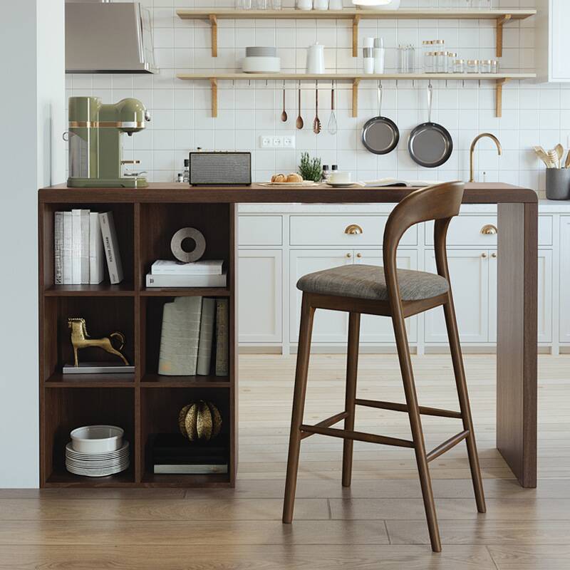 Simplistic Bistro Table with Pine Wood Top and Twin Pedestal Base in Cocoa, Stockroom Storage, Rectangular Shape