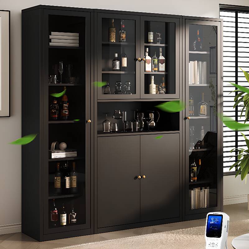 Metal Floor Bottle Storage Rack/Wine Cabinet with Glass Rack Shelf and Gate Doors