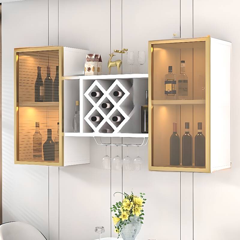Manufactured Wood Floating Wine Cabinet Display with Nestable Glass Rack Shelf, Stemware Organizer, Open Wine Rack, and Lighted Design