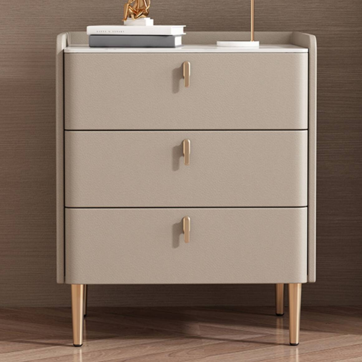 Stylish Drawer Storage Nightstand with 3 Drawers, Stone Countertop, and Leg