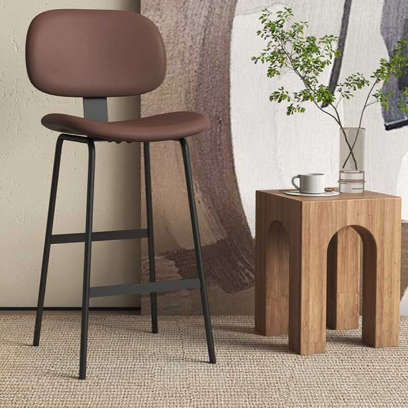 Art Deco Dark Brown Rawhide Pub Stool with Backrest and Horse Seat Featuring Foot Support