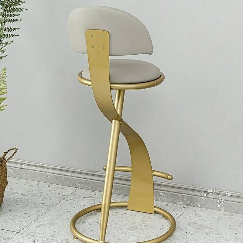 Art Deco Glam Light Gray Rawhide Round Top Pub Stool with Backrest and Foot Support