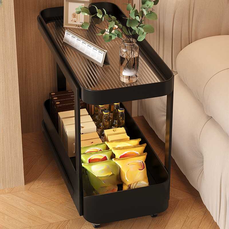 Transparent Glass Drink Table with Wheeled Rectangular Tray Top and Shelf