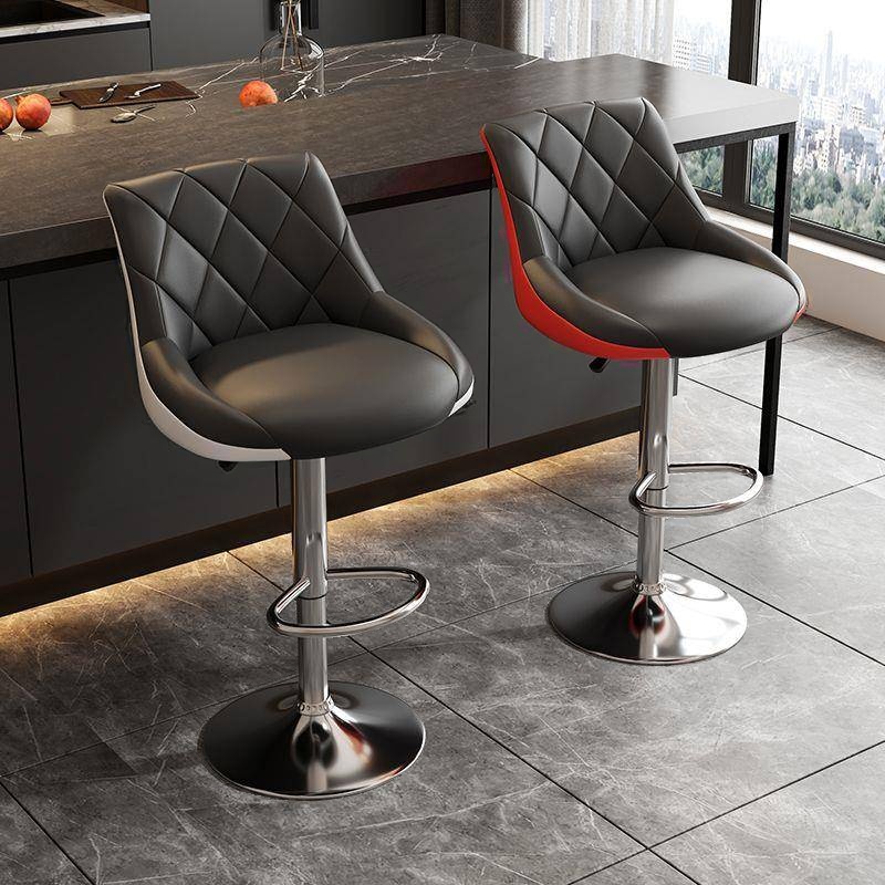 Art Deco Adjustable Lift Rawhide Pub Stool in Black/Gray/Chalk with Backrest, Rotatable Pail Seat