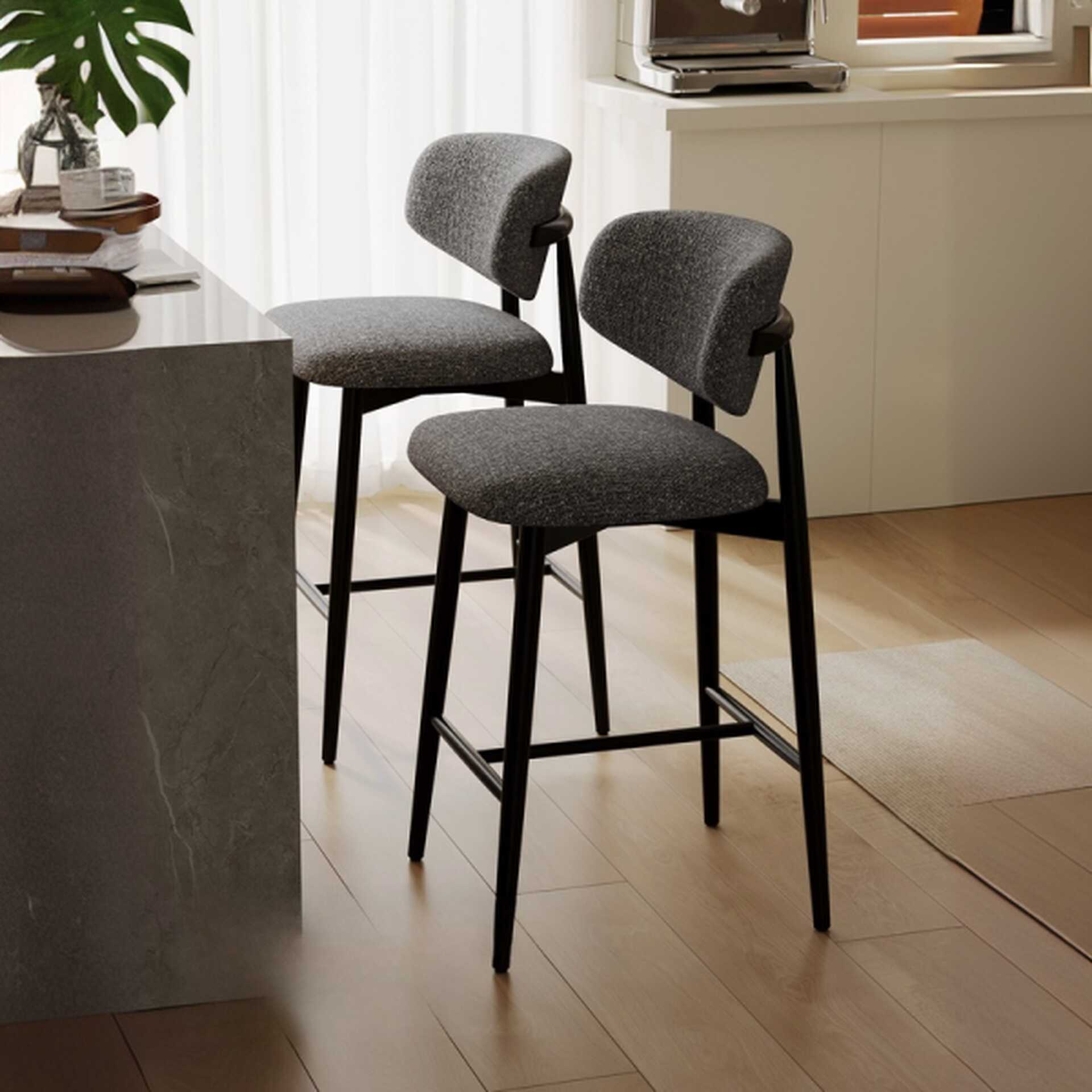 Art Deco Midnight Black Upholstered Pub Stool with Backrest, Foot Support, and Four Legs