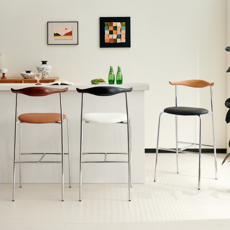 Art Deco Rawhide Pub Stool with Backrest and Pail Seat Featuring Foot Support