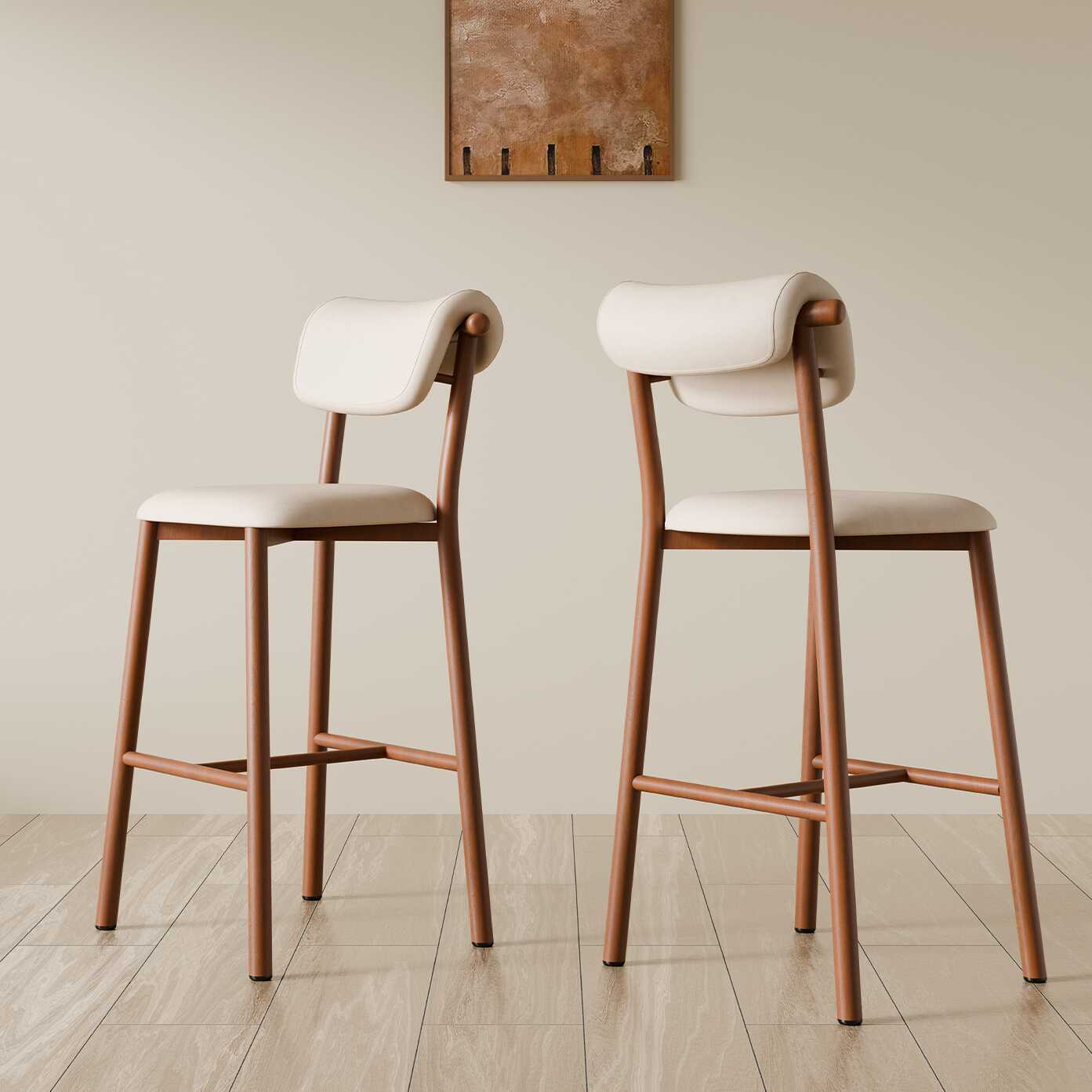 Art Deco Rawhide Pub Stool in Black/Gray/Auburn with Backrest and Rectangular Seat Featuring Foot Support