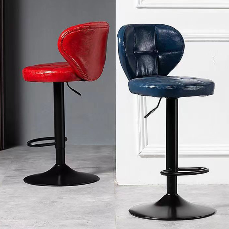 Art Deco Scarlet/Dark Blue/Lime Green Rawhide Pub Stool with Adjustable Lift, Rotatable Backrest, and Pail Seat