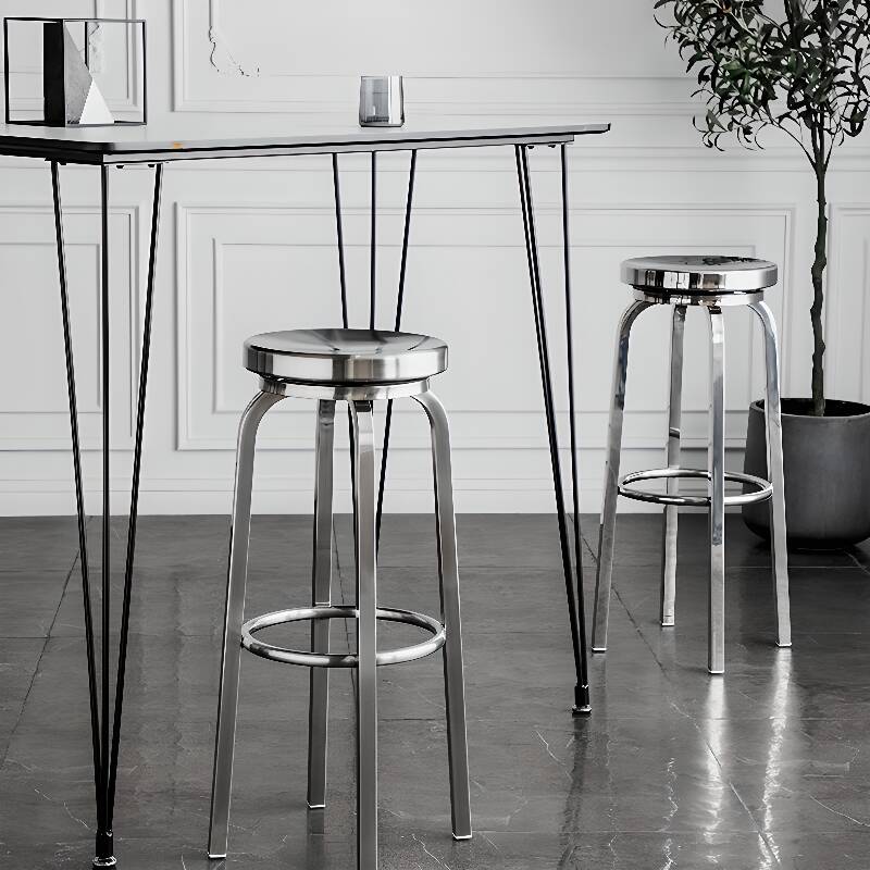 Art Deco Stainless Steel Pub Stool in Silver with Rotatable Round Top and Foot Support