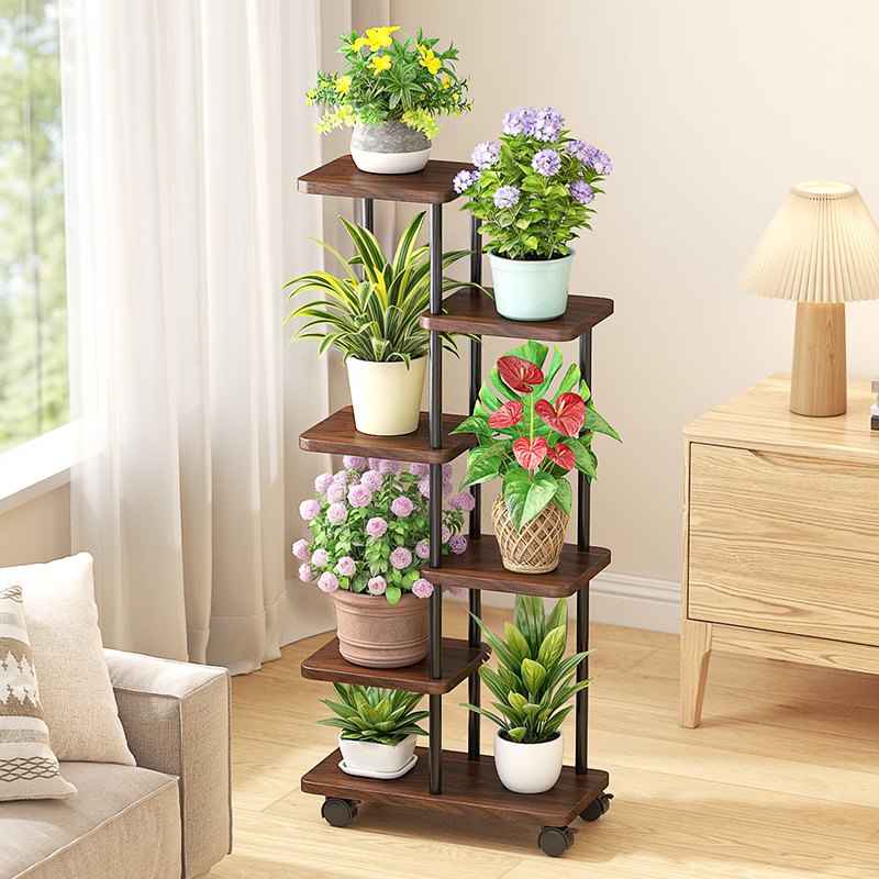 Contemporary Rectangle Multi-Level Engineered Wood Plant Holder with 8/7/6 Shelves and Roller Wheels