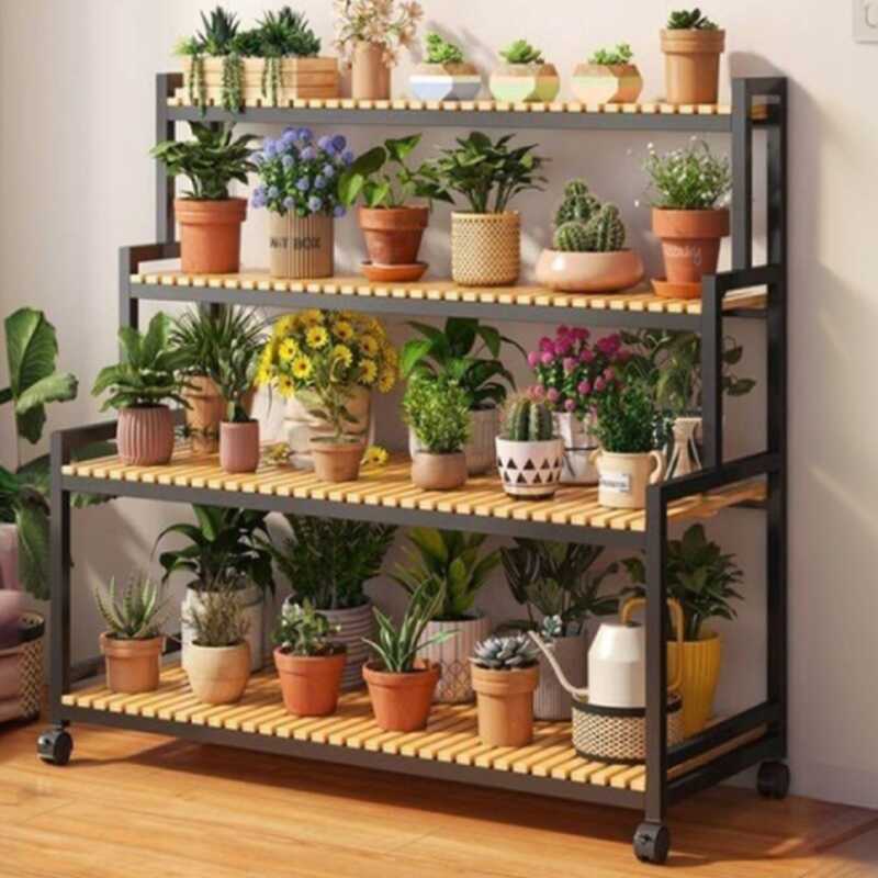 Contemporary Rectangle Multi-Level Plant Holder with Engineered Wood Top and Roller Wheels