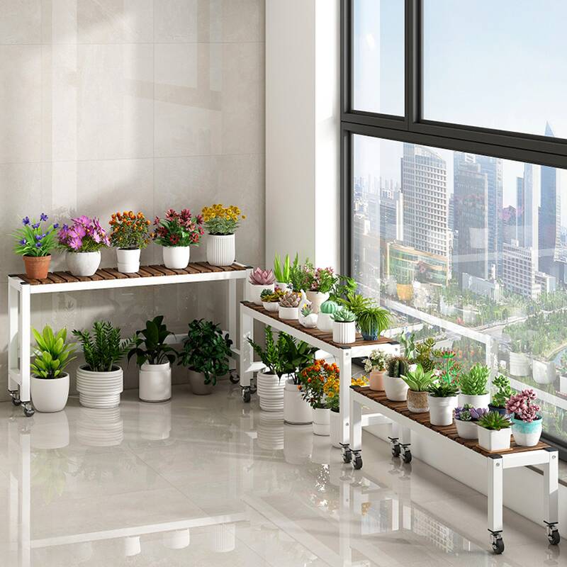 Contemporary Rectangle Plant Holder with Engineered Wood Top and Roller Wheels