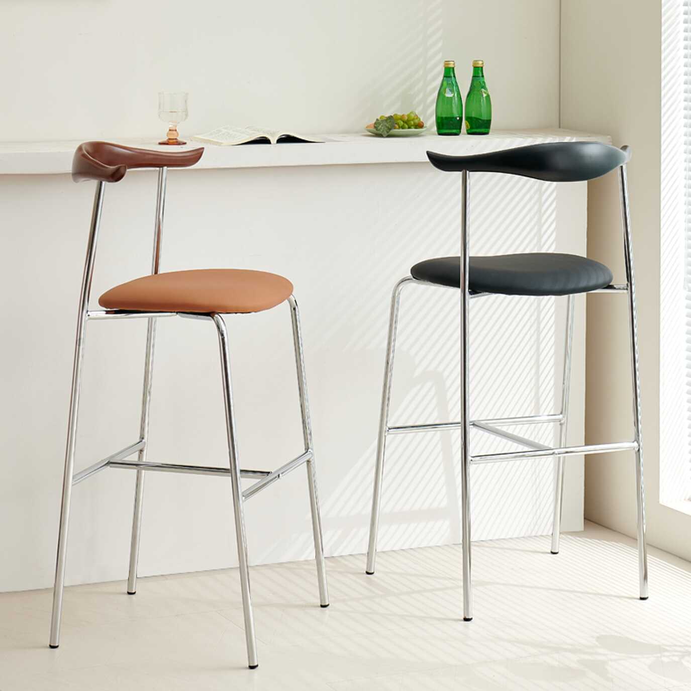 Art Deco Rawhide Pub Stool in Black/Chalk/Tan with Backrest Rectangular Seat and Foot Support