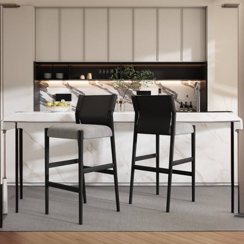 Art Deco Caramel Upholstered Pub Stool with Backrest and Quadrilateral Seat, Featuring Foot Support