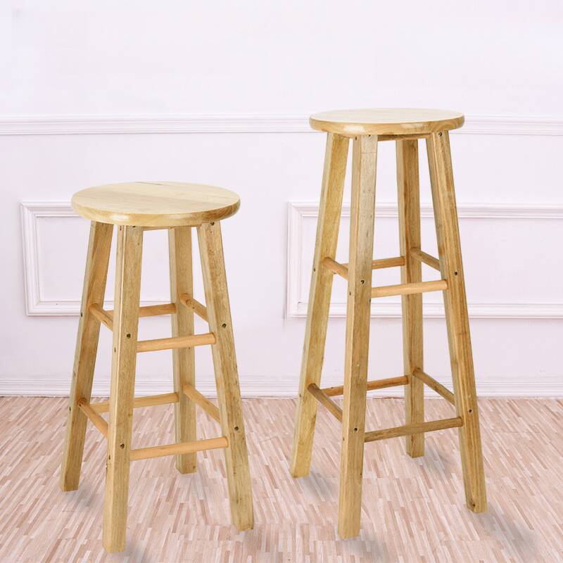Art Deco Natural Wood Tan Round Top Pub Stool with Foot Support