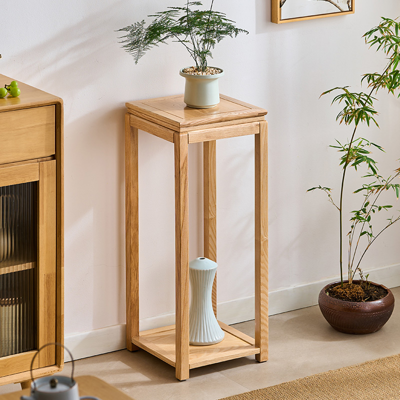 Natural Finish Contemporary Square Plant Stand Table with Natural Wood Top for Ground Installation