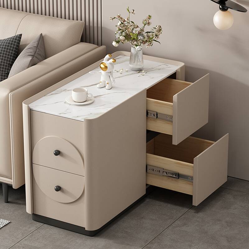 Simplistic Rectangular White Sintered Stone Drink Table Only with Frame and 2 Drawers