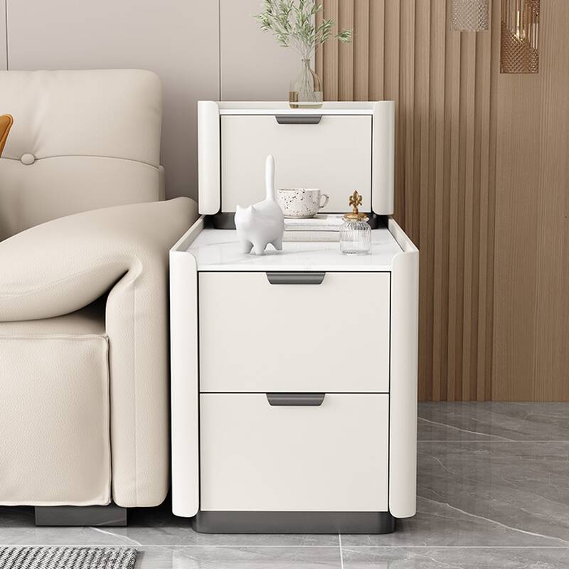 Simplistic Rectangular White Sintered Stone Drink Table with Block Base and 3 Drawers