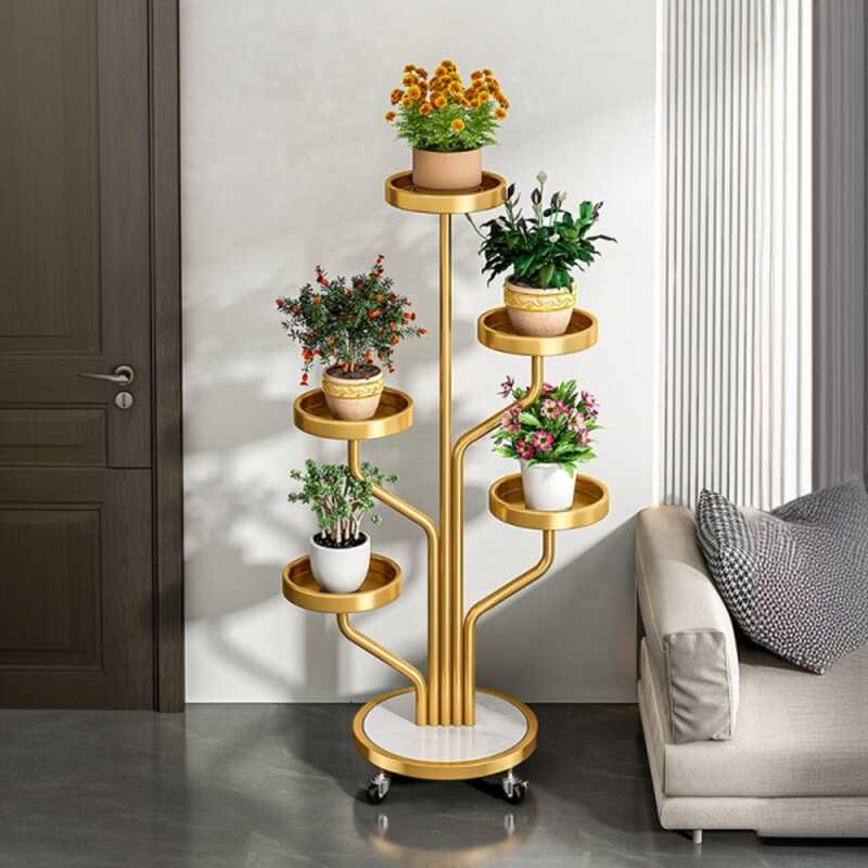 Orbicular Steel Plant Holder with 6 Shelves and Roller Wheels