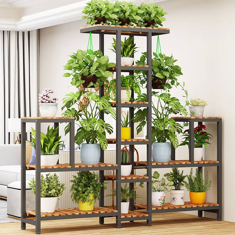 Contemporary Rectangle Multi-Level Plant Holder with Engineered Wood Top and 6/9/8 Shelves for Ground Installation