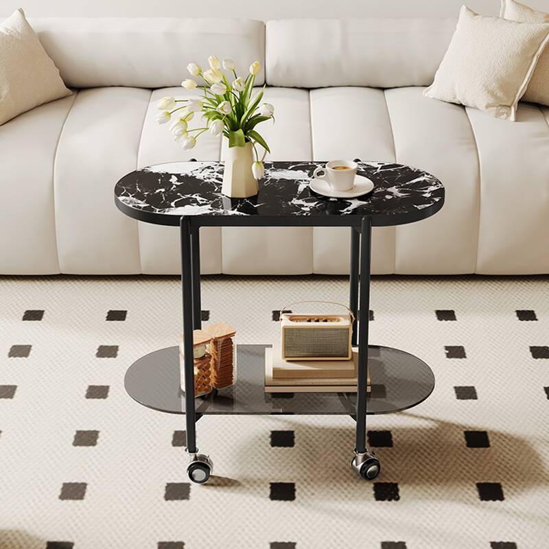 Simplistic Drink Table Only with Sintered Stone Top and Wheeled Wheel Base, Elliptical Shape with Shelf