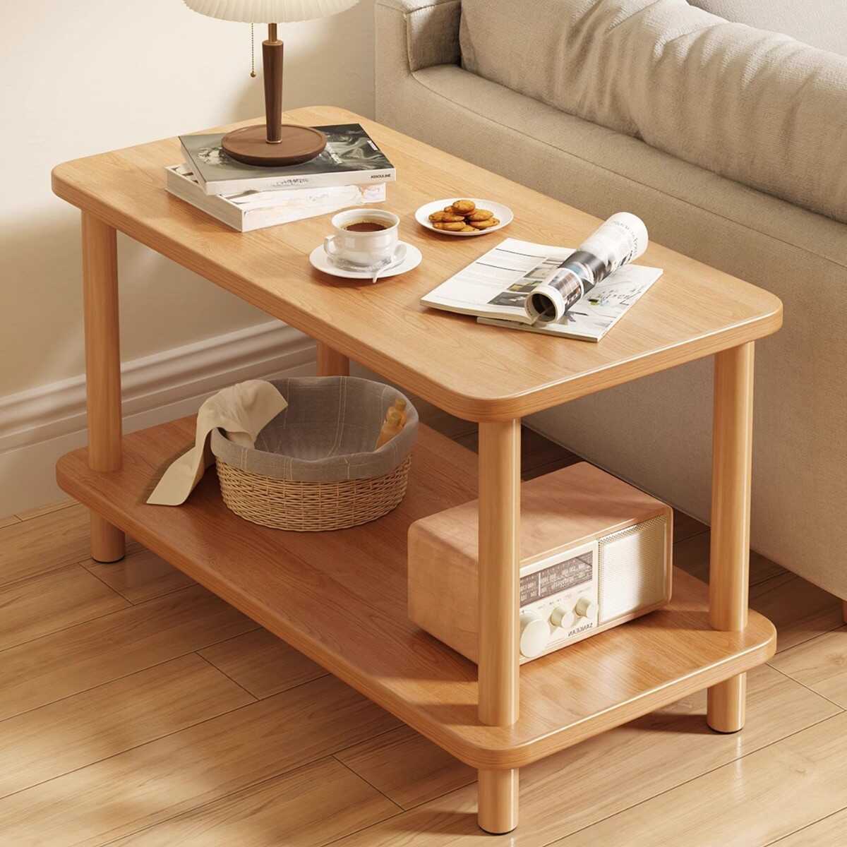 Simplistic Chairside Table Only with Composite Wood, 4 Legs, Square/Rectangular Shape and Shelf