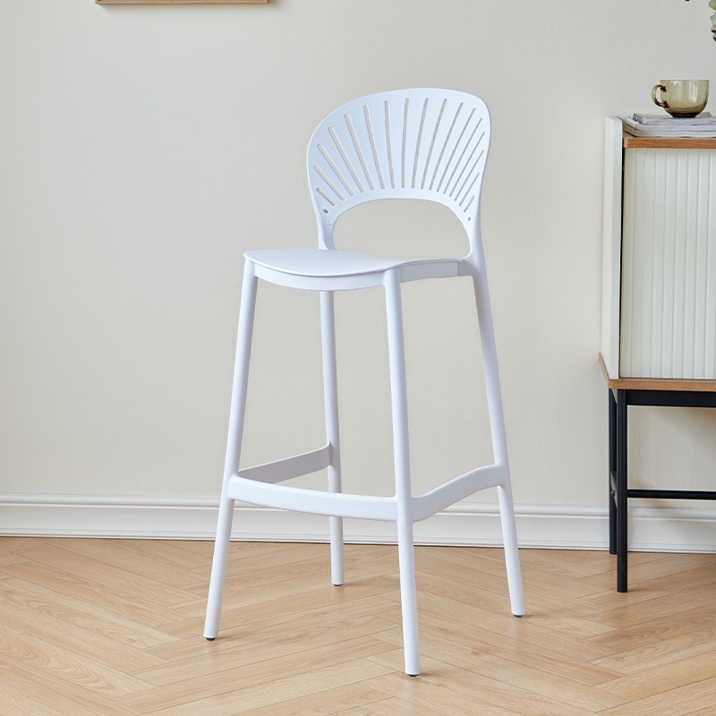 Minimalist Polymer Compound Pub Stool in Light Purple/Dark Blue/Tan with Backrest, Nestable Horse Seat, and Foot Support