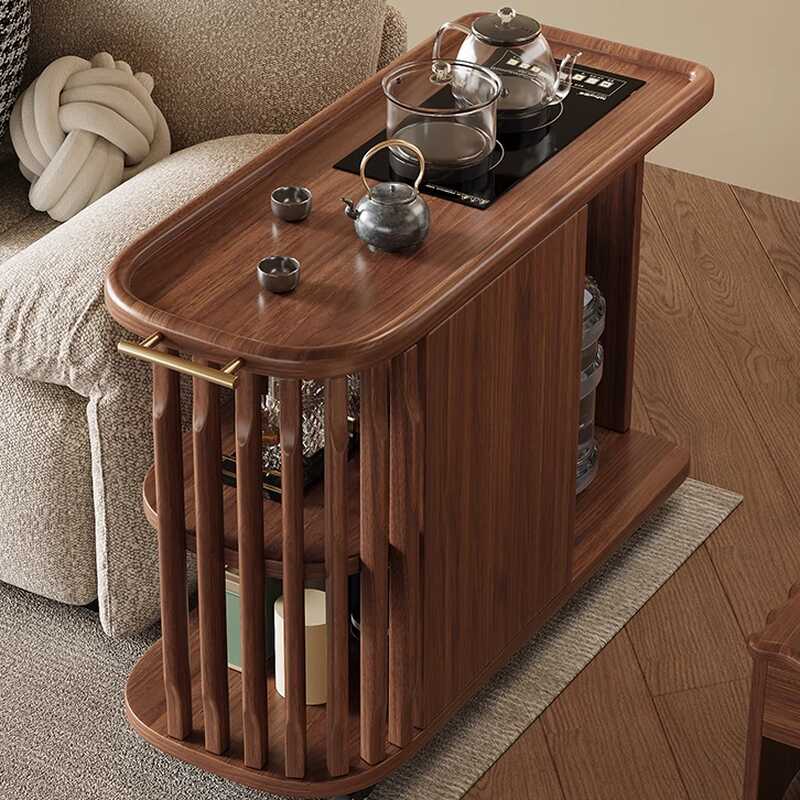 Asymmetrical Wheeled Drink Table with Timber, Auburn Colour, Tray Top and Shelf