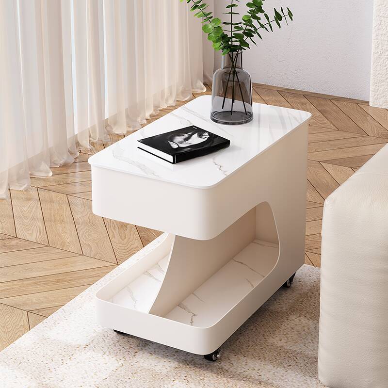 Height-adjustable White Sintered Stone Drink Table with Wheeled Rectangular Shelf