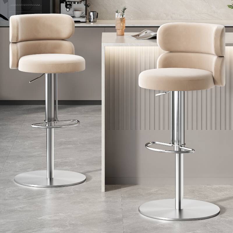 Art Deco Adjustable Lift Upholstered Pub Stool in Scarlet/Emerald Green/Amber Colour with Backrest, Rotatable Round Top