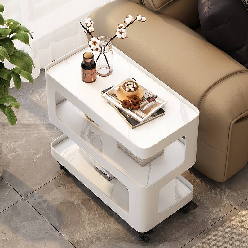 Sintered Stone Wheeled White Rectangular Tray Top Drink Table with Shelf