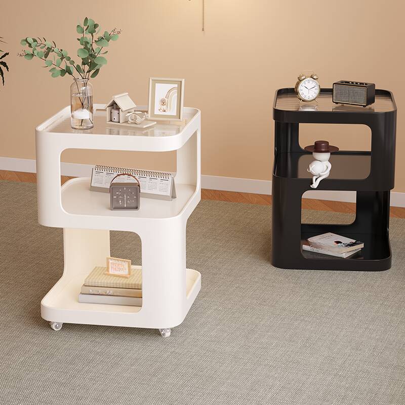 Transparent Glass Square Tray Top Drink Table with Wheeled Shelf