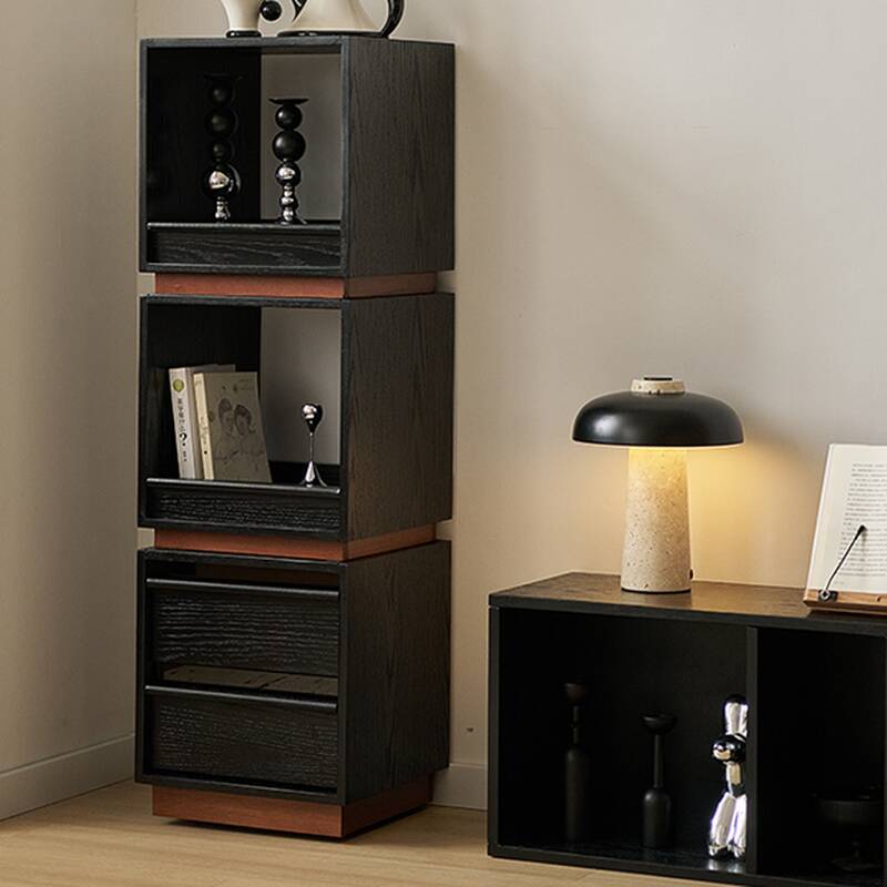 Simplistic Square Matte Black Timber Drink Table with Wheeled Base, Shelf, and 2 Drawers