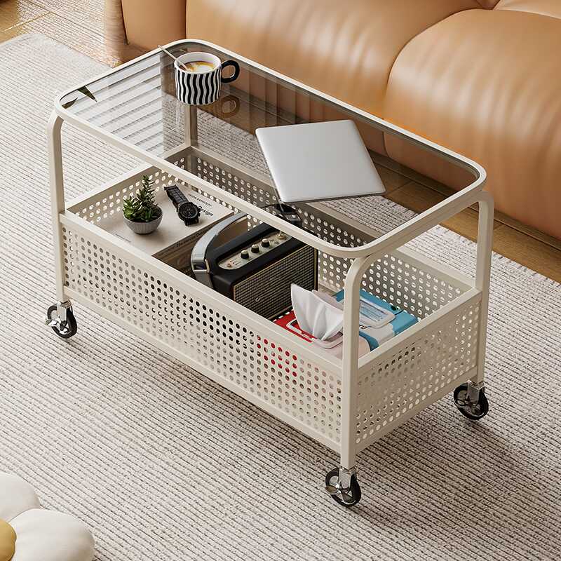 Simplistic Glass Drink Table with Wheeled Base, Rectangular Shape and Shelf
