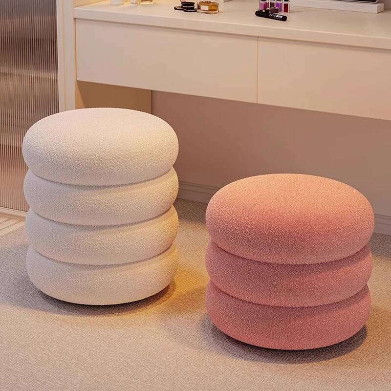 Modish Rounded Solid Colour Standard Ottoman in Sherpa with Gray/Rose/Beige Upholstery