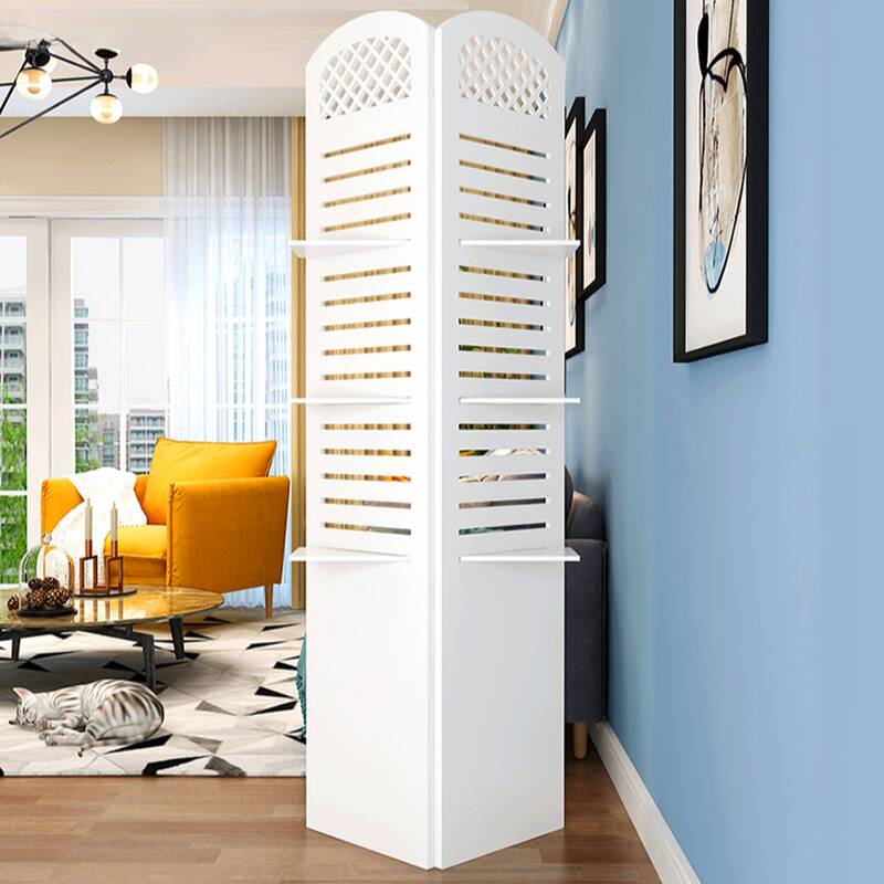 Room Partition Wall in Chalk, Translucent Collapsible with Shelf, 7 Panels/3 Panels/5 Panels Manufactured Wood Standalone