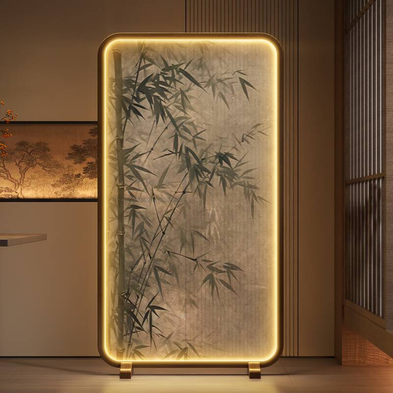 Room Partition Wall in Rustic Brown with Simplistic Style, Translucent Single Panel Gauze, Standalone