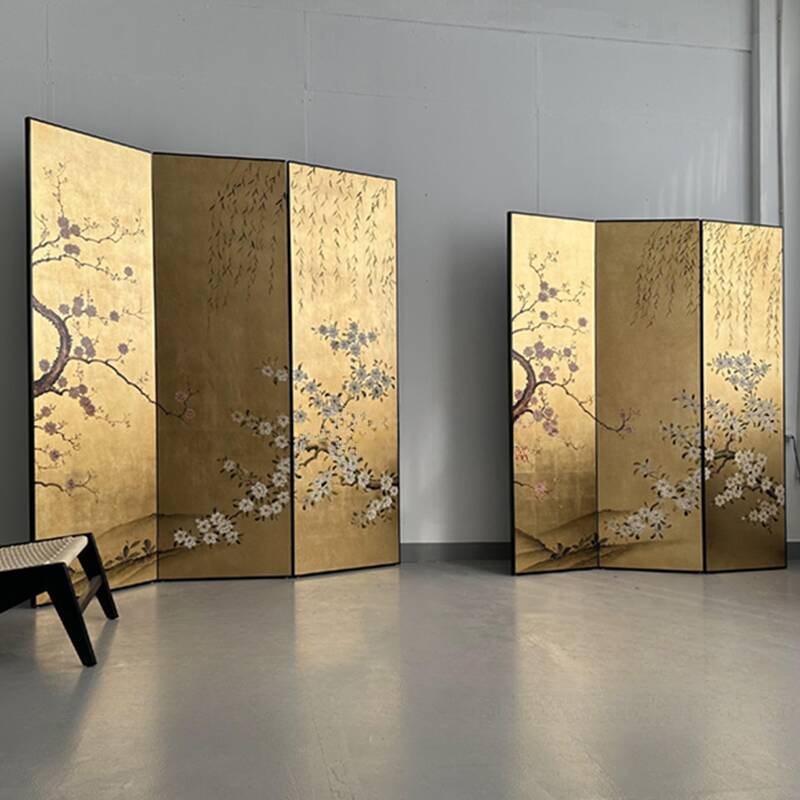 Antique Brass Opaque Double Sided Print Collapsible Room Partition Wall with 3 Panels Timber Standalone