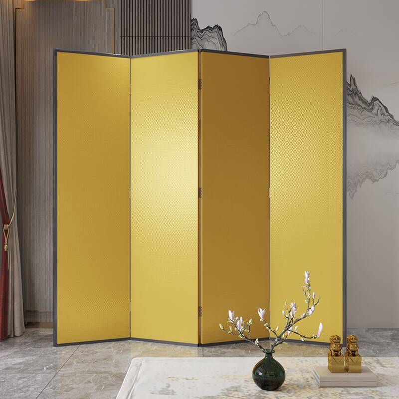 Antique Brass Simplistic Opaque Collapsible Room Partition Wall with 4 Panels Gauze Standalone