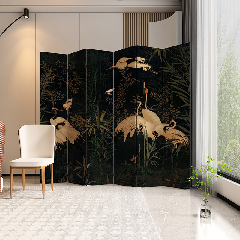 Black Opaque Collapsible Room Partition Wall with Lumber Frame and 5/6/4 Panels Double Sided Print Standalone