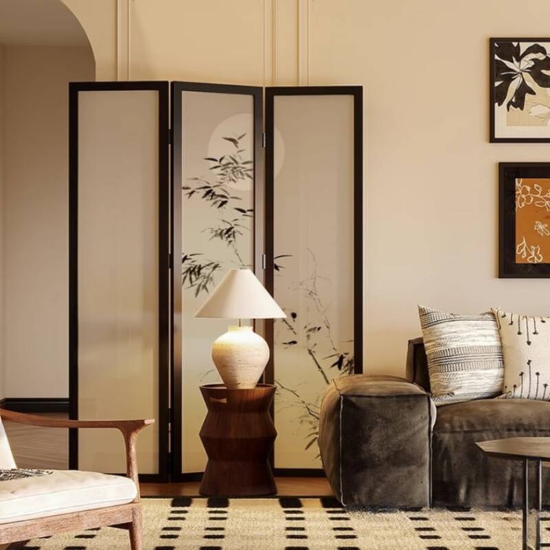 Room Partition Wall in Simplistic Style for Indoor Use, Translucent Hanging Design with 3 Panels, Gauze Screen, Standalone