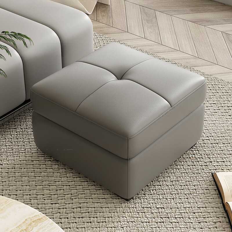 Dove Grey/Orange Modern Simple Style Rectangular/Square Solid Colour Standard Ottoman with Genuine Leather Upholstery and Button-tufted Finish