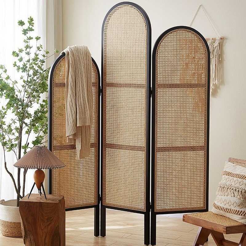 Black Room Partition Wall, Simplistic Style with Translucent Single Panel Design, 1 Panel, Cane Screen, Standalone