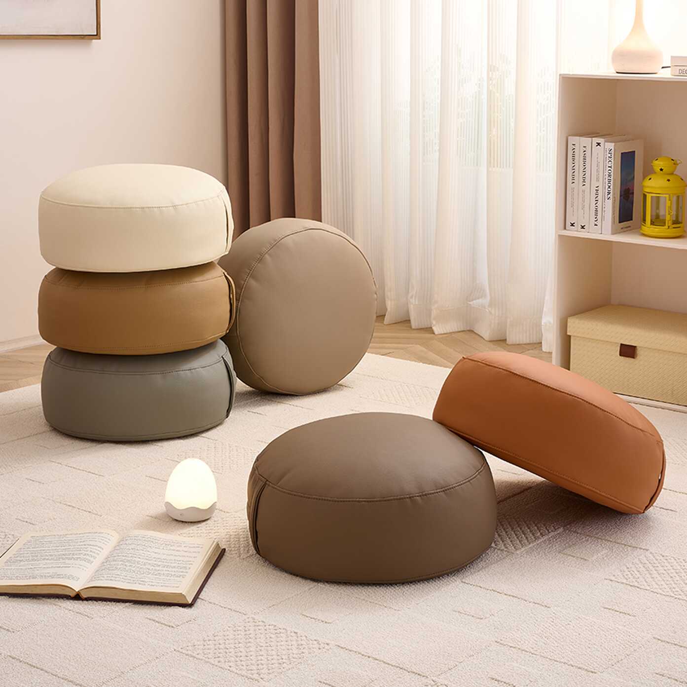Modern Simple Style Orbicular Solid Colour Pouf in Genuine Leather with Ink/Auburn/Ivory Upholstery and Removable Cushion Cover