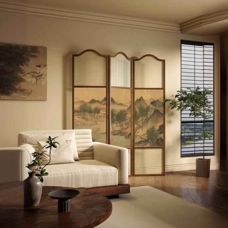 Rustic Brown Translucent Collapsible Room Partition Wall with 3 Panels and Double Sided Print Gauze - Standalone