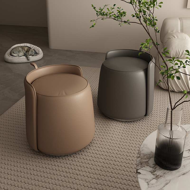 Modish Rounded Solid Colour Standard Ottoman with Pleather Upholstery in Dark Gray/Auburn/Sand