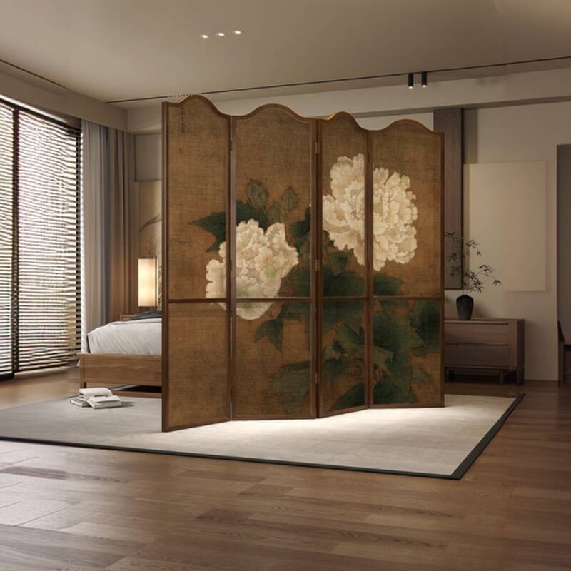 Black Room Partition Wall in Simplistic Style with Translucent Light Filtration, Collapsible 4 Panels, Gauze Material, Standalone