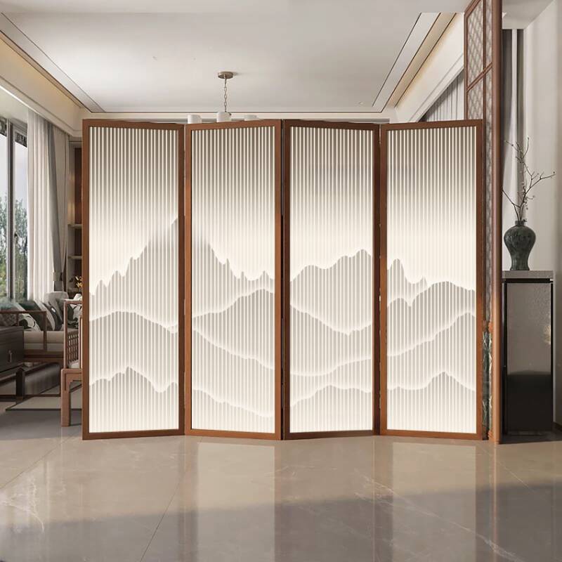 Cocoa Room Partition Wall in Simplistic Style with Translucent Light Filtration, Collapsible 5 Panels/4 Panels, Gauze Material, Standalone