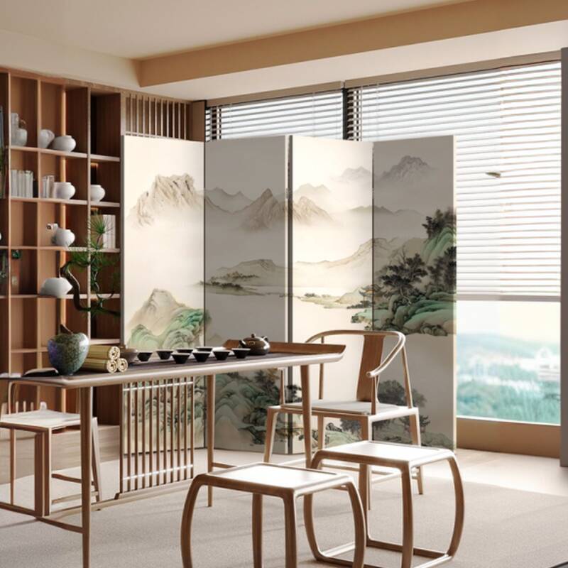 Simplistic Opaque Collapsible Room Partition Wall with Manufactured Wood, 4 Panels Double Sided Print Standalone